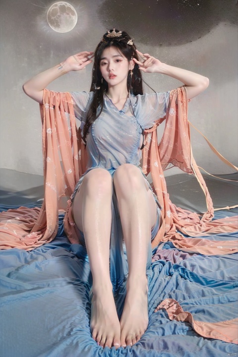 1girl,(translucent white gauze dress), (moon), bare feet, moonlight, water surface, long hair, windy, ((poakl)), xuner