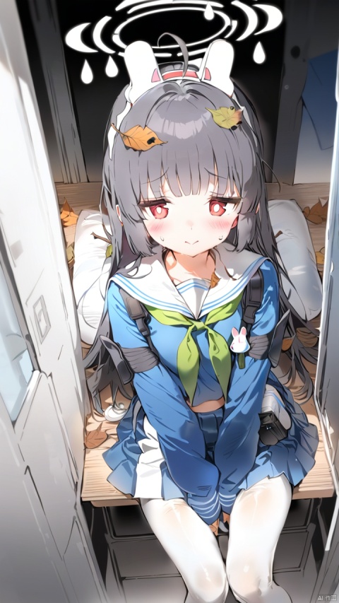  masterpiece, best quality,artist anmi,miyu \(blue archive\), 1girl,halo,leaf on head, ahoge,animal ears,black hair,long hair,red eyes,green neckerchief,blue school uniform,sailor collar,long sleeves,pleated skirt,white pantyhose, miyu \(blue archive\)