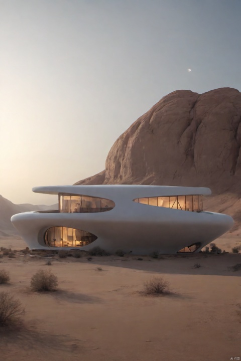 A bed and breakfast building in the desert that combines modern sci-fi with ancient grandeur in a very magical way, mir