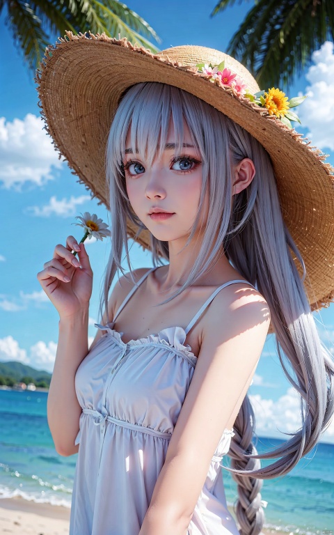 very long hair,cowboy shot,4349,1girl,solo,flower,hat,animal_ears,holding,thick_eyebrows,long_hair,straw_hat,cloud,bangs,looking_at_viewer,bare_shoulders,hair_between_eyes,sky,palm_tree,covered_mouth,outdoors,tree,upper_body,holding_flower,animal_ear_fluff,blue_sky,hair_ornament,collarbone,cloudy_sky,hair_flower,grey_hair,day,