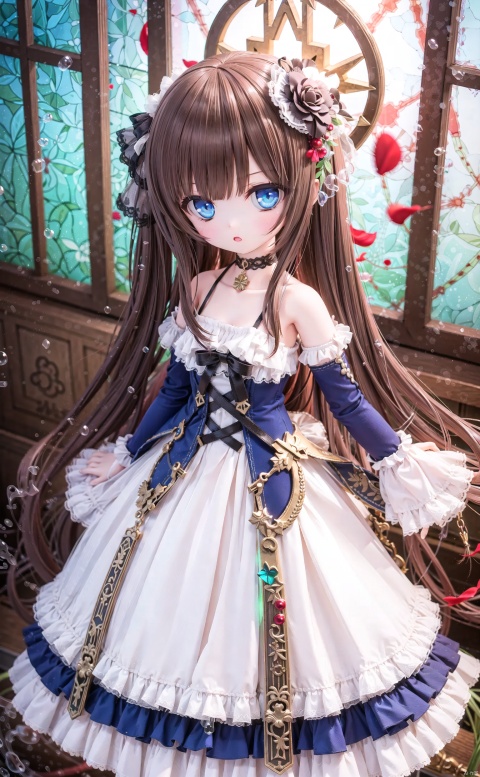 (cowboy shot,very long hair,4349:1),,1girl,long_hair,solo,dress,blue_eyes,very_long_hair,blue_dress,petals,frills,detached_sleeves,looking_at_viewer,bare_shoulders,stained_glass,choker,brown_hair,bubble,