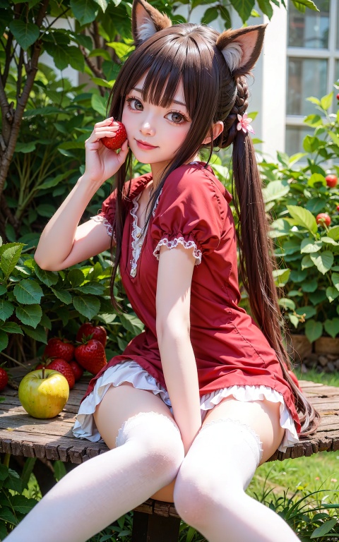  very long hair,cowboy shot,4349,1girl,solo,fruit,animal_ears,food,tail,dress,hair_ornament,hair_flower,flower,multicolored_hair,black_footwear,brown_hair,short_sleeves,red_dress,bug,white_thighhighs,butterfly,shoes,bangs,puffy_sleeves,two-tone_hair,hair_bun,apple,puffy_short_sleeves,double_bun,closed_mouth,frills,bow,looking_at_viewer,smile,blush,brown_eyes,white_hair,strawberry,