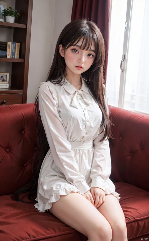 cowboy shot,very long hair,4349,1girl,solo,long_hair,fishnets,looking_at_viewer,brown_hair,bangs,very_long_hair,ribbon,long_sleeves,hair_ribbon,dress,window,blush,couch,bow,indoors,two_side_up,frills,curtains,dutch_angle,