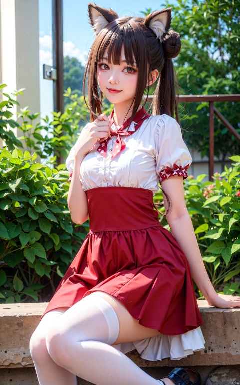  very long hair,cowboy shot,4349,1girl,solo,fruit,animal_ears,food,tail,dress,hair_ornament,hair_flower,flower,multicolored_hair,black_footwear,brown_hair,short_sleeves,red_dress,bug,white_thighhighs,butterfly,shoes,bangs,puffy_sleeves,two-tone_hair,hair_bun,apple,puffy_short_sleeves,double_bun,closed_mouth,frills,bow,looking_at_viewer,smile,blush,brown_eyes,white_hair,strawberry,
