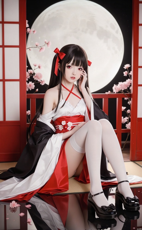  cowboy_shot,masterpiece,best quality,very long hair,1girl, solo, long_hair, thighhighs, red_eyes, moon, black_hair, kimono, japanese_clothes, black_kimono, very_long_hair, white_thighhighs, full_moon, looking_at_viewer, sash, bangs, obi, bare_shoulders, sitting, wide_sleeves, bow, black_footwear, long_sleeves, black_bow, ribbon, petals, parted_lips, hair_bow, blush, criss-cross_halter, frills, full_body, halterneck, hair_ribbon, off_shoulder, zouri, hands_on_own_face, red_ribbon, reflection