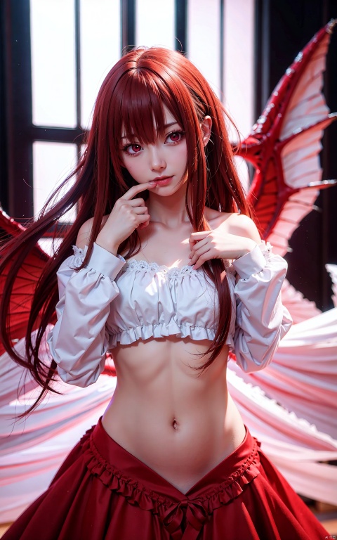  very long hair,cowboy shot,4349,1girl,solo,long_hair,wings,navel,red_eyes,blood,looking_at_viewer,bangs,bare_shoulders,long_sleeves,window,floating_hair,dress,hair_between_eyes,hands_up,groin,off_shoulder,white_shirt,shirt,vampire,