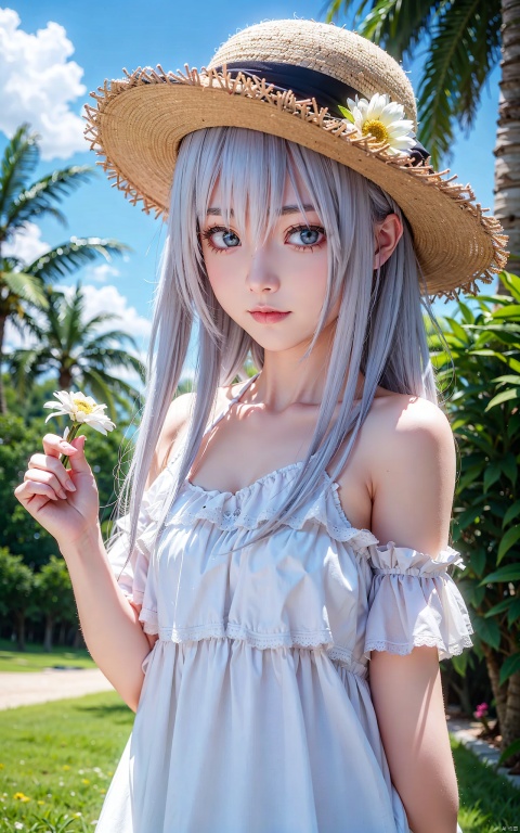  very long hair,cowboy shot,4349,1girl,solo,flower,hat,animal_ears,holding,thick_eyebrows,long_hair,straw_hat,cloud,bangs,looking_at_viewer,bare_shoulders,hair_between_eyes,sky,palm_tree,covered_mouth,outdoors,tree,upper_body,holding_flower,animal_ear_fluff,blue_sky,hair_ornament,collarbone,cloudy_sky,hair_flower,grey_hair,day,