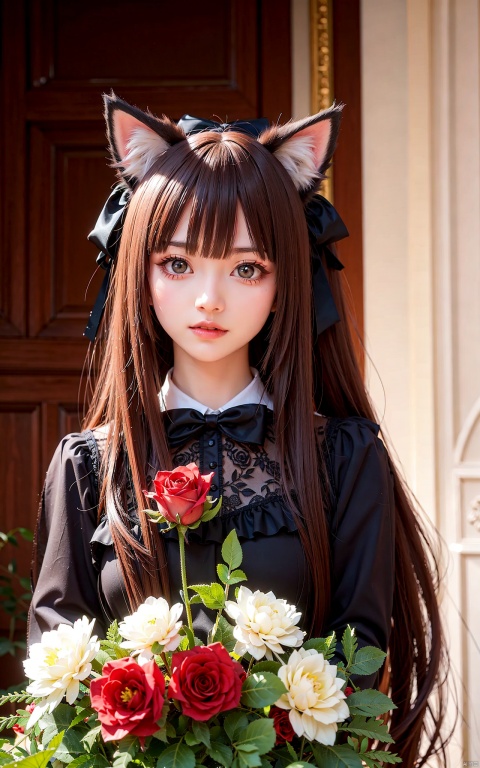  very long hair,cowboy shot,4349,1girl,solo,flower,rose,animal_ears,black_bow,black_flower,cat_ears,bow,bangs,long_hair,tail,holding,butterfly,bug,cat_girl,brown_eyes,cat_tail,hair_bow,upper_body,looking_at_viewer,animal_ear_fluff,red_flower,bouquet,black_rose,brown_hair,parted_lips,red_rose,