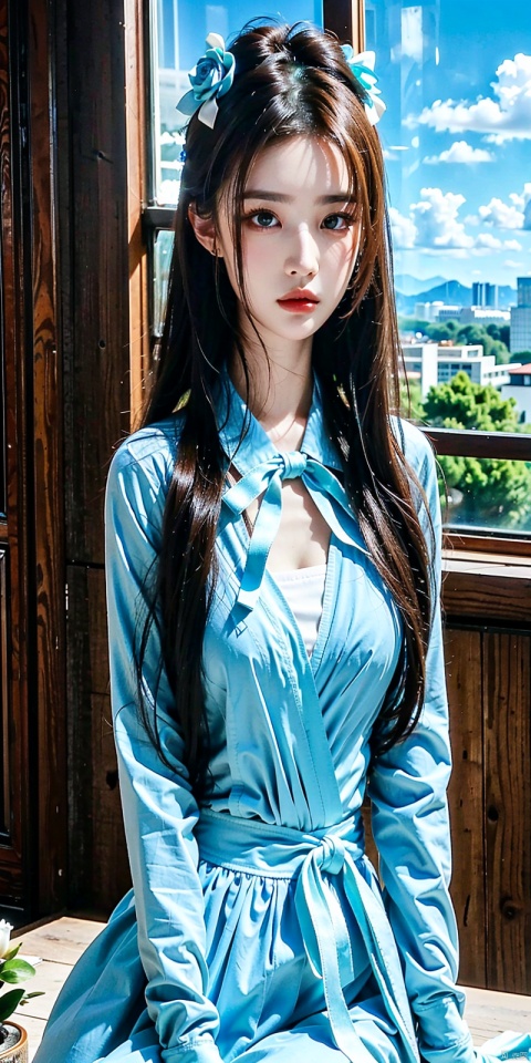  Highest quality, 8K, 1 girl, arm support, Bangs, Blue Bow, blue eyes, blue flowers, blue tie, Blue Ribbon, blue rose, blue dress, Blue Sky, chest, clouds, Cloudy Sky, day, earrings, flowers, ornament, hair between eyes, white hair, hair ornament, interior, jewelry, long hair, long sleeves, look at audience, medium chest, neck ribbon, open window, petals, ribbon, rose, shirt, sit, skirt, sky, solo, very long hair, white shirt, window, liuyifei