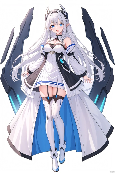  1girl, solo, long hair, breasts, looking at viewer, smile, open mouth, bangs, blue eyes, thighhighs, dress, bare shoulders, full body, white hair, :d, boots, detached sleeves, pointy ears, white dress, white thighhighs, strapless, headgear, white footwear, own hands together, black background, strapless dress, mecha musume, tianqi