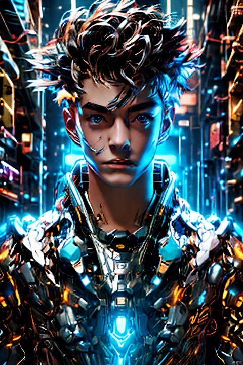  anime artwork young boy \(cyberpunk\), young boy, (spiked blue hair), Magic Fireball, colorful, clutter, ultra detailed, mysterious, scary, perfect environment, cinematic lighting, product photography, unreal engine, 8K, Mecha