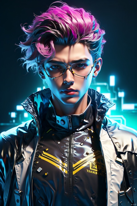  Asuo, solo, looking at viewer, simple background, 1boy, hair between eyes, closed mouth, jacket, upper body, male focus, Gradient hair, pink hair, Cyberglasses,white jacket, black background, portrait, science fiction, Asuo