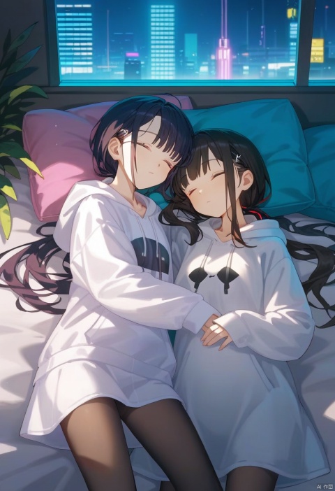  (score_9,score_8_up,score_7_up), anime,very aesthetic ,(masterpiece:1.4), (best quality),2girls, both girls in bed, next to each other, both are sleeping, sleeping in bed next to a large window, eyes closed, sleeping, steaming coffee cup on windowsill, wearing croptop hoodie, black croptop hoodie, long hair, black hair, low ponytail hairstyle, head resting on pillow, laying on the bed, hoodie, plants on the windowsill, facing viewer, tidy bedroom, small room, cramped bedroom, teddies on the bed, pink pillows, wearing legging, see through thights, black tights, cyberpunk city view out of the window, neon light, purple neon lights,
