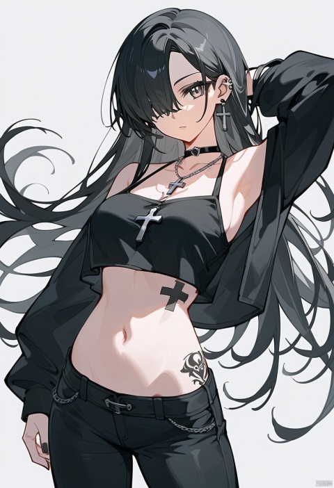  (score_9,score_8_up,score_7_up), uncensored, 1girl, goth girl, solo, long hair, breasts, looking at viewer, black hair, long sleeves, navel, jewelry, earrings, midriff, pants, necklace, hair over one eye, black eyes, arm up, crop top, grey eyes, tattoo, makeup, black pants, cross, arm behind head, gothic