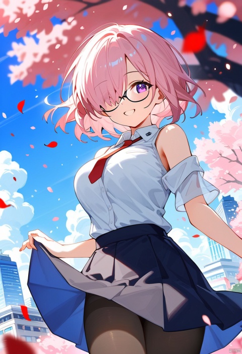  (score_9,score_8_up,score_7_up), uncensored, mash kyrielight, short hair, purple eyes, pink hair, (hair over one eye:1.2), large breasts, glasses, collared shirt, (white collar:1.1), black shirt, necktie, red necktie, sleeveless, off shoulder, miniskirt, black skirt, (black pantyhose:1.2), looking at viewer, outdoors, park, city, day, cherry blossoms, Cherry blossom leaves dancing, sunlight filtering through the trees, cowboy shot, dutch angle, from below, standing, skirt lift, balloon, blue sky, cloud floating, floating hair, confetti, falling petals, wind, flower, smile, happy, eye focus, front view,