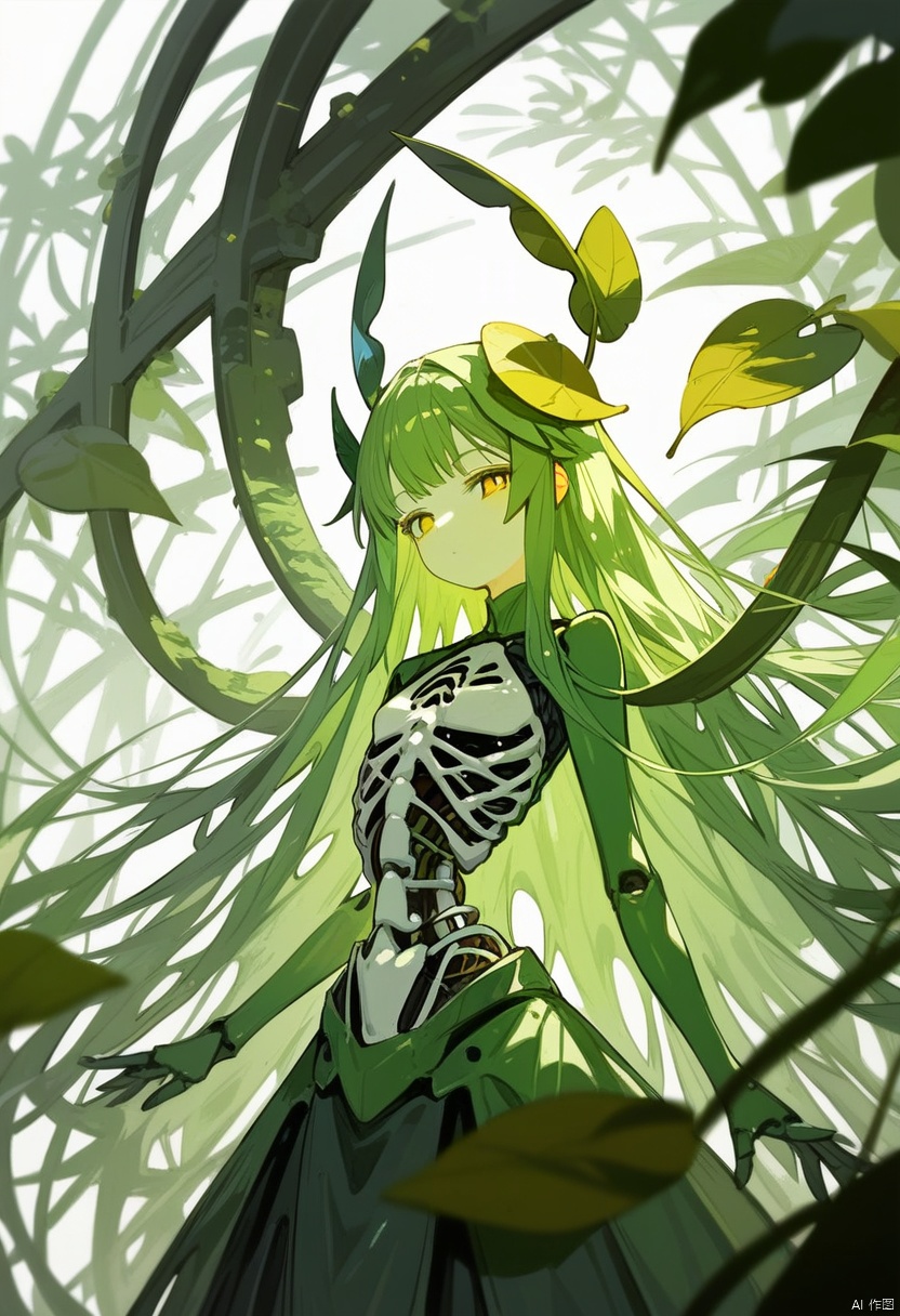  (score_9,score_8_up,score_7_up),anime, solo, expressiveh, hime hair, straight hair, very long hair, bangs, rating_questionable, 20yo girl, 1girl, curvy, petite, bedroom eyes, skeleton, plant girl, (hair leaf)