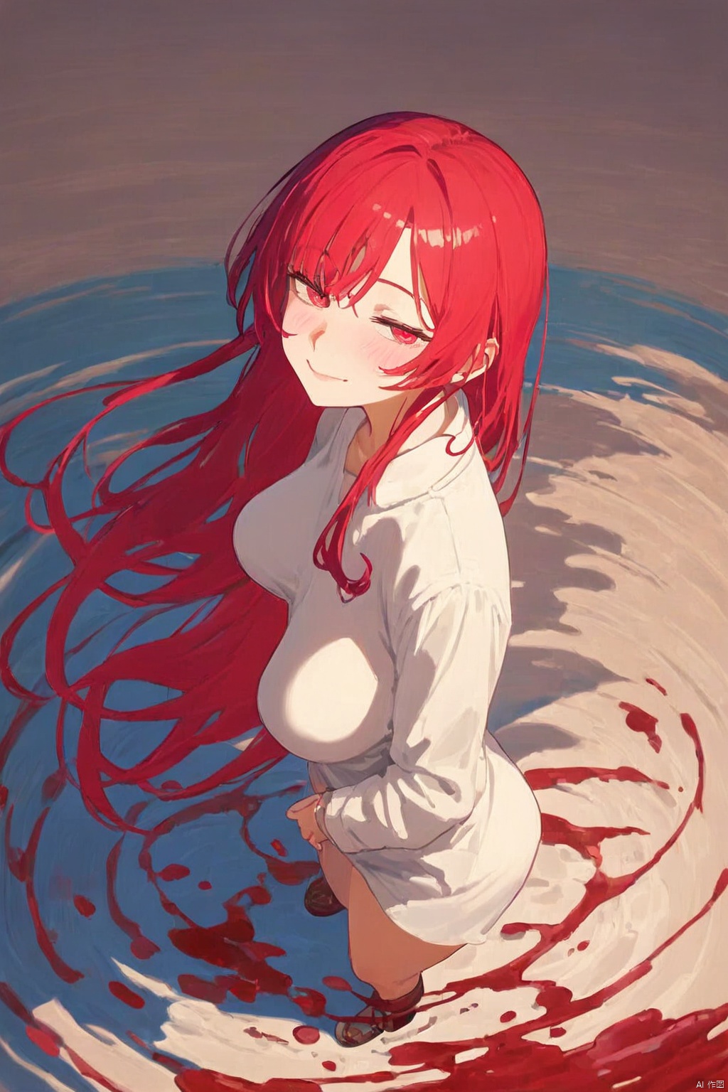  hard shadows, anime screencap, source_anime; very aesthetic, anime; score_9, score_8_up, score_8; 1girl, mak1ma0, red hair, long hair, ringed eyes; breasts; black letterbox; big saggy breasts; half closed eyes; tilted head; standing in blood; red ocean; moon; night; dark; knees in sea; from side; from above; light smile