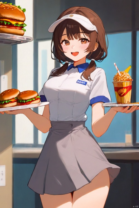 score_9,score_8_up,score_7_up,1girl,breasts,brown eyes,brown hair,burger,cowboy shot,cup,disposable cup,employee uniform,food,french fries,futanari,grey skirt,high-waist skirt,holding,holding tray,low twintails,medium breasts,miniskirt,open mouth,original,penis,penis out,skirt,smile,solo,tray,twintails,uniform,visor cap,