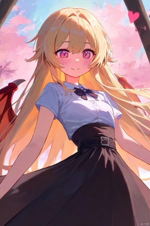 score_9, score_8_up, score_7_up, 1girl, (Monster girl, dragon girl, dragon wings), loving gaze, beautiful eyes, beautiful face, blush, (cute, skinny, thin, tiny waist, petite:1.4), black dress, black long skirt, outside in a park, solo, long hair, blonde hair, heart, curvy, romantic, (from front), upper body, face focus, impressionism