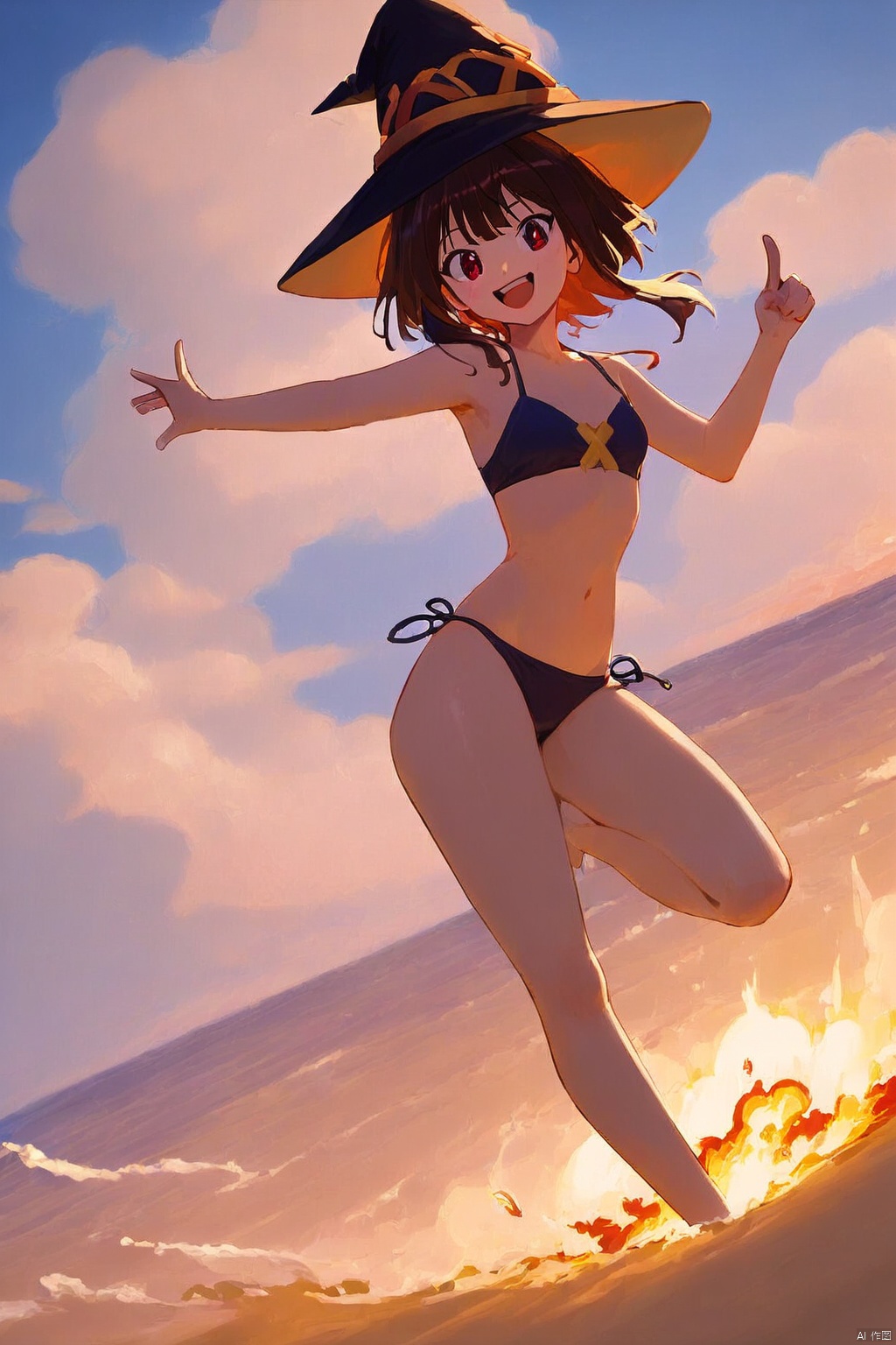 score_9, score_8_up, score_7_up,  1girl, megumin (konosuba), bikini, witch hat, doing a thumbs up, happy,  beach, large explosion behind her, explosions, explosion cloud, nuke explosion in the background, smoke, explosion in water, solo, sunset 