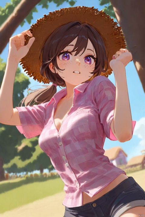 score_9, score_8_up, score_8, (medium breasts), (skinny:1.2), cute, eyelashes, firm breasts, petite girl, rating_explicit, pretty girl, vivid colors, (freckles), ponytail, (brown hair), purple eyes, shorts, (pink shirt), checkered shirt, open shirt, farm, straw hat,