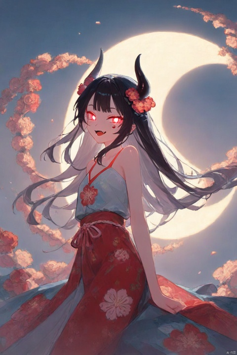 score_9, score_8_up, score_7_up, Japanese teenage girl, floral kimono, exposed shoulders, beautiful face, thick eyelashes, glowing white eyes, white demon horns, long flowy black hair, cute smile, dark eyeshadow, glowing shoulders tattoos, glowing back tattoos, floral decoration in hair, night time, shinning moon, lit by moonlight, ambient lighting, fangs