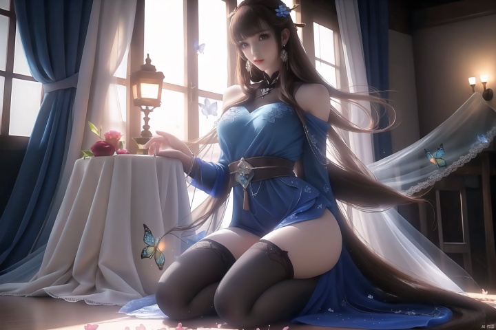 1girl, long hair, brown hair, hair ornament, thighhighs, dress, bare shoulders, jewelry, sitting, very long hair, full body, flower, earrings, indoors, window, blue dress, table, bug, curtains, butterfly, seiza