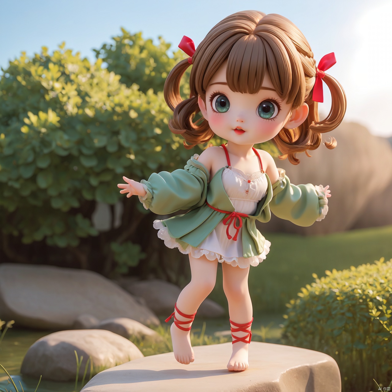  ultra high resolution, best quality, extremely detailed CG unity 8k wallpaper, ultra-fine, extreme detail, masterpiece, high resolution, full-body photo, full_shot, huge filesize, available light,3D,
panorama, landscape,wide_shot, (dynamic_pose:1.2),
1girl, solo, young girl, loli, curvy, petite, curly hair, braided bangs, bangs,
red_lips, long_eyelashes, blush, mole_under_eye, attention to facial details, beautiful detailed eyes, 
cleavage, low-cut, unbuttoned clothes, slender_waist, 
hair_ribbon, lace-trimmed_hairband, barefoot, 
outdoors, in summer, day, scenery, beautiful green countryside, country field, colourful_suits, cute clothing, 3d stely,cute girl