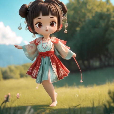  ultra high resolution, best quality, extremely detailed CG unity 8k wallpaper, ultra-fine, extreme detail, masterpiece, high resolution, full-body photo, full_shot, huge filesize, available light,3D,
panorama, landscape,wide_shot, (dynamic_pose:1.2),
1girl, solo, young girl, loli, curvy, petite, curly hair, braided bangs, bangs,
red_lips, long_eyelashes, blush, mole_under_eye, attention to facial details, beautiful detailed eyes, 
cleavage, low-cut, unbuttoned clothes, slender_waist, 
hair_ribbon, lace-trimmed_hairband, barefoot, 
outdoors, in summer, day, scenery, beautiful green countryside, country field, colourful_suits, cute clothing, 3d stely,cute girl, laojun