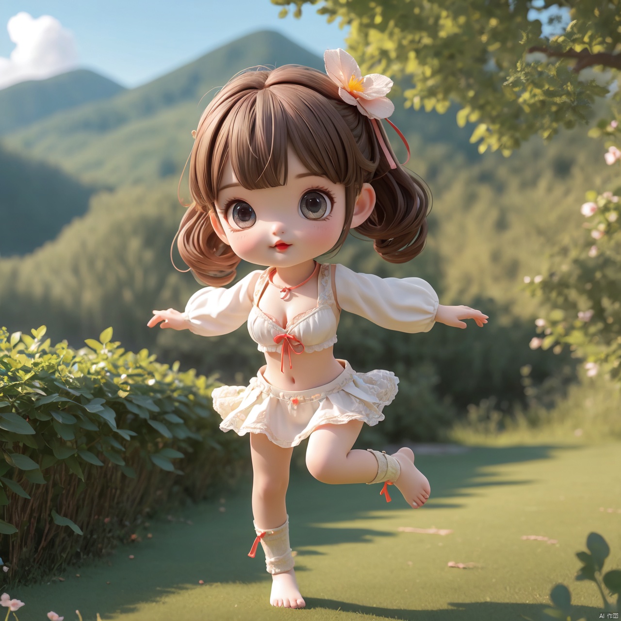  ultra high resolution, best quality, extremely detailed CG unity 8k wallpaper, ultra-fine, extreme detail, masterpiece, high resolution, full-body photo, full_shot, huge filesize, available light,3D,
panorama, landscape,wide_shot, (dynamic_pose:1.2),
1girl, solo, young girl, loli, curvy, petite, curly hair, braided bangs, bangs,
red_lips, long_eyelashes, blush, mole_under_eye, attention to facial details, beautiful detailed eyes, 
cleavage, low-cut, unbuttoned clothes, slender_waist, 
hair_ribbon, lace-trimmed_hairband, barefoot, 
outdoors, in summer, day, scenery, beautiful green countryside, country field, colourful_suits, cute clothing, 3d stely,cute girl