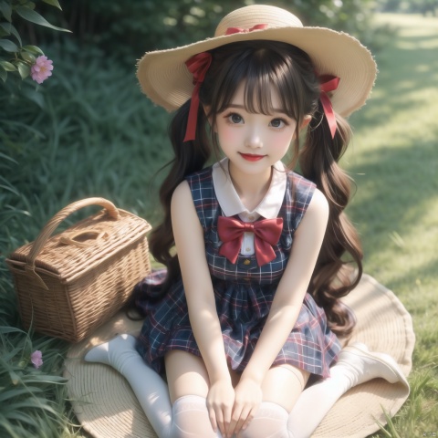  1 girl,little girl,loli,young girl,shy,bashful,smile,big blue eyes, detailed eyes,attention to facial details, blushing,red lips, moist orbit, long hair, very long hair, bundled hair, curly hair,bangs,twintails, golden red hair,hair_flowers,big bow headbands,hair bow,bowtie,red bows,small breasts,sitting,sitting on the lawn,hands between thighhighs,kneeling with separate legs,outdoors,summer,sunshine,windy,sunhat in the sky,green grassland,flowers,trees,butterflies,creek, flower basket,picnic mat,
from front,from above,looking at viewer,long dress,frilled dress,plaid dress,long shot shooting,