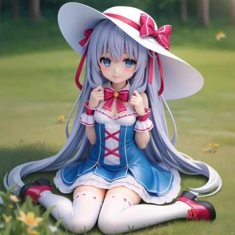  1 girl,little girl,loli,young girl,shy,bashful,smile,big blue eyes, detailed eyes,attention to facial details, blushing,red lips, moist orbit, long hair, very long hair, bundled hair, curly hair,bangs,twintails, silver gray hair,big bow headbands,hair bow,bowtie,red bows,small breasts,sitting,sitting on the lawn,hands between thighhighs,kneeling with separate legs,outdoors,summer,sunshine,windy,sunhat in the sky,green grassland, looking at viewer,long dress,frilled dress,plaid dress,long shot shooting,from abo