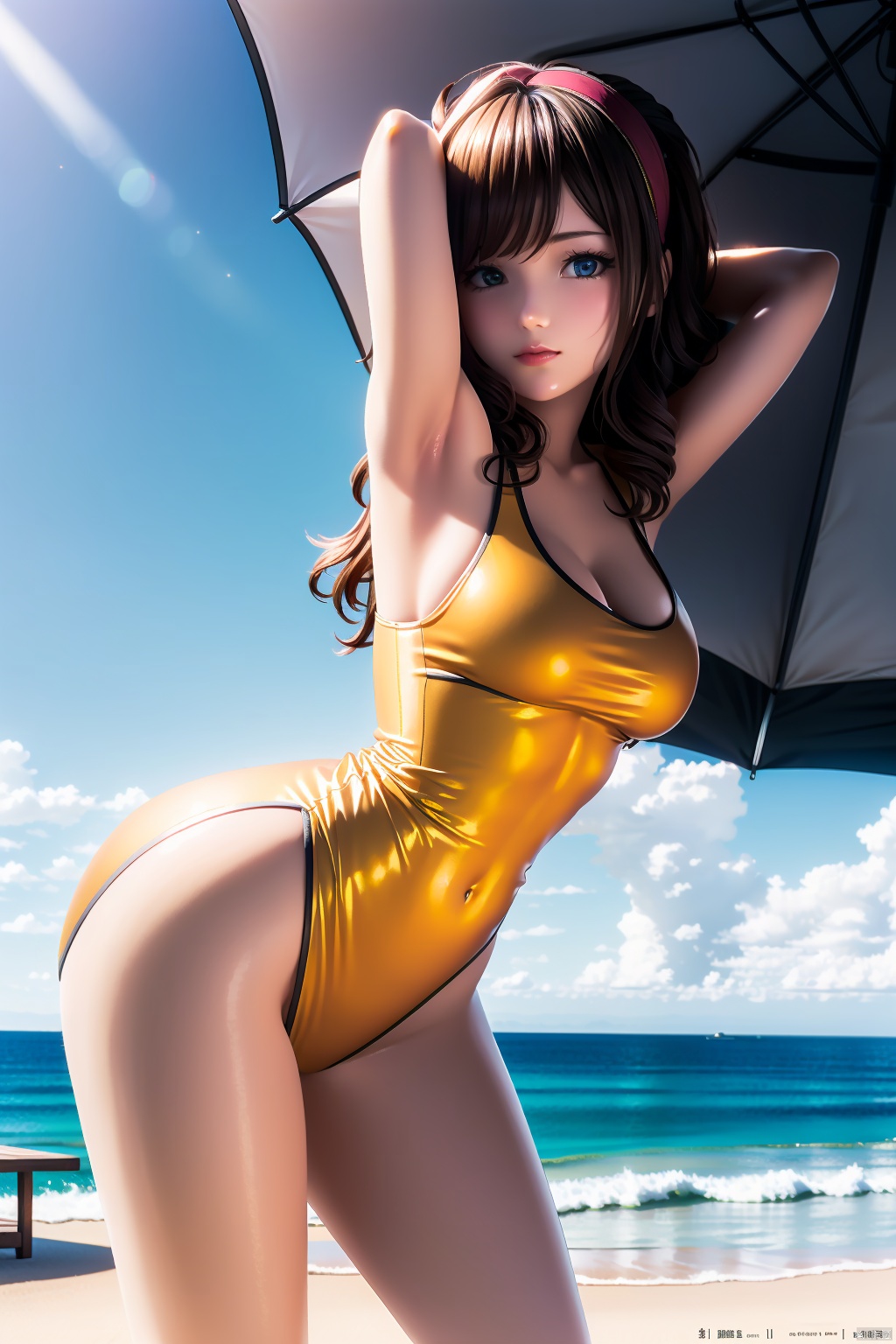  ultra high resolution, best quality, realistic, extremely detailed CG unity 16k wallpaper, high contrast, super detail, ultra-fine, extreme detail, masterpiece, perfect, high resolution, bright and colorful tones, attention to facial details, full-body photo, detailed background, bright environment, cute decoration, ambient lighting, sidelighting, 2.5D, nsfw, wide-angle lens, depth of field, cowboy shot, 2 girls, multiple girls, long hair, curly hair, exquisite facial features, oppai loli, chest, blush, bangs, blue eyes, brown hair, bare shoulders, underwears, panties, panty-hose, suspender socks, long stockings, no shoes, dress, drinking glass, realistic, looking at viewer, leaning forward, standing, looking back, backless outfit, pantyhose, one piece swimsuit, tight clothing, orange swimsuits, orange gym outfit, orange red swimsuit, day, outdoors, sea, beach, sunshine, umbrella, table, lounge chair, juice, drinking straw,sun hat, arms, legs,holding,holding hairs, tying hair, with a hairband in mouth,