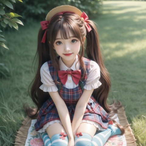  1 girl,little girl,loli,young girl,shy,bashful,smile,big blue eyes, detailed eyes,attention to facial details, blushing,red lips, moist orbit, long hair, very long hair, bundled hair, curly hair,bangs,twintails, golden red hair,hair_flowers,big bow headbands,hair bow,bowtie,red bows,small breasts,sitting,sitting on the lawn,hands between thighhighs,kneeling with separate legs,outdoors,summer,sunshine,windy,sunhat in the sky,green grassland,flowers,trees,butterflies,creek, flower basket,picnic mat,
from front,from above,looking at viewer,long dress,frilled dress,plaid dress,long shot shooting,