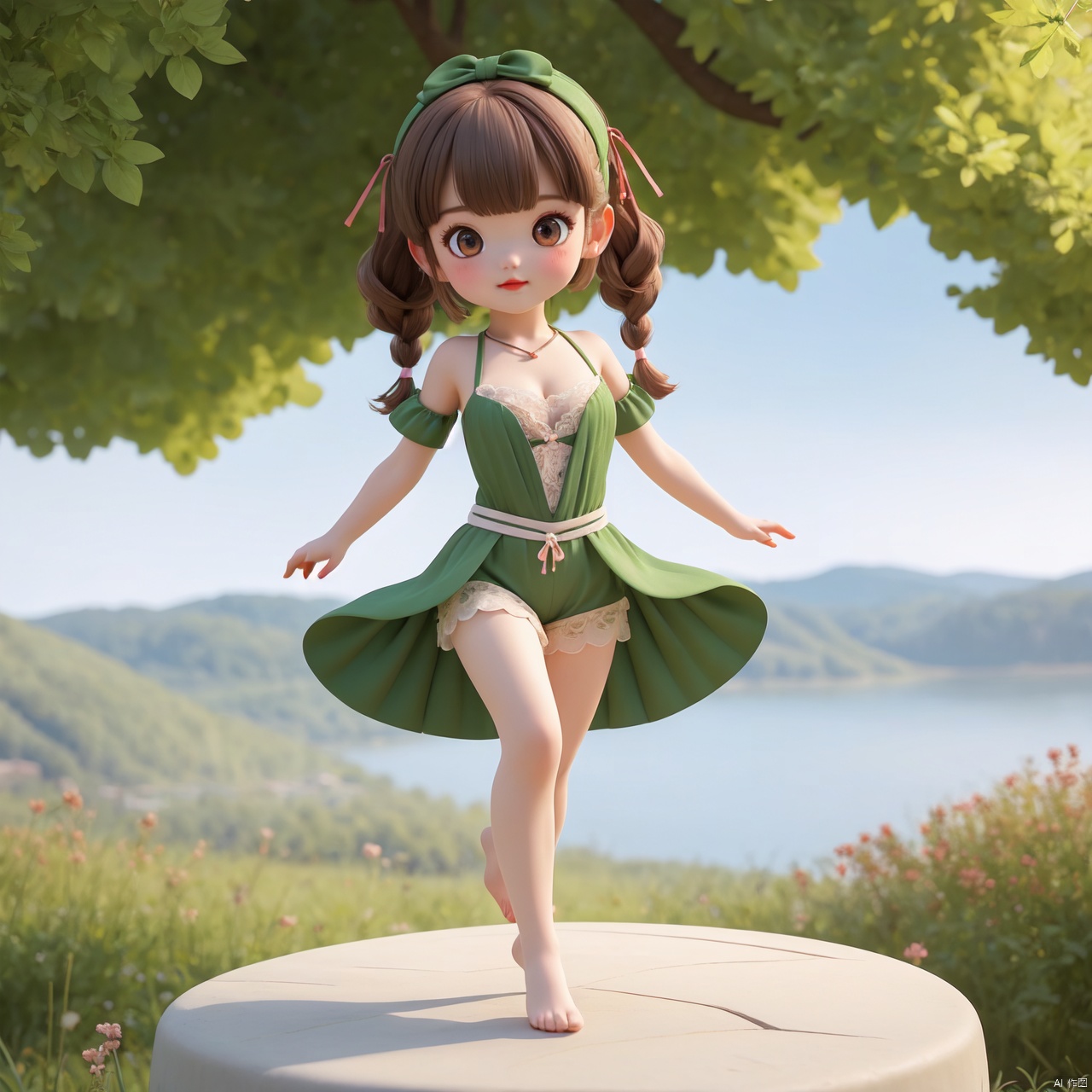  ultra high resolution, best quality, extremely detailed CG unity 8k wallpaper, ultra-fine, extreme detail, masterpiece, high resolution, full-body photo, full_shot, huge filesize, available light,3D,
panorama, landscape,wide_shot, (dynamic_pose:1.2),
1girl, solo, young girl, loli, curvy, petite, curly hair, braided bangs, bangs,
red_lips, long_eyelashes, blush, mole_under_eye, attention to facial details, beautiful detailed eyes, 
cleavage, low-cut, unbuttoned clothes, slender_waist, 
hair_ribbon, lace-trimmed_hairband, barefoot, 
outdoors, in summer, day, scenery, beautiful green countryside, country field, colourful_suits, cute clothing, 3d stely,cute girl