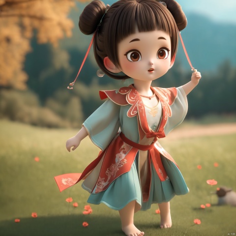  ultra high resolution, best quality, extremely detailed CG unity 8k wallpaper, ultra-fine, extreme detail, masterpiece, high resolution, full-body photo, full_shot, huge filesize, available light,3D,
panorama, landscape,wide_shot, (dynamic_pose:1.2),
1girl, solo, young girl, loli, curvy, petite, curly hair, braided bangs, bangs,
red_lips, long_eyelashes, blush, mole_under_eye, attention to facial details, beautiful detailed eyes, 
cleavage, low-cut, unbuttoned clothes, slender_waist, 
hair_ribbon, lace-trimmed_hairband, barefoot, 
outdoors, in summer, day, scenery, beautiful green countryside, country field, colourful_suits, cute clothing, 3d stely,cute girl, laojun