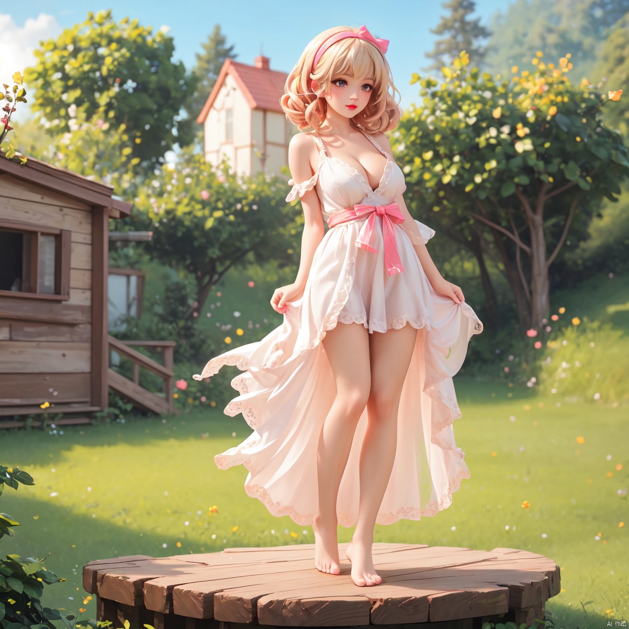  ultra high resolution, best quality, extremely detailed CG unity 8k wallpaper, ultra-fine, extreme detail, masterpiece, high resolution, full-body photo, full_shot, huge filesize, available light,3D,
panorama, landscape,wide_shot, (dynamic_pose:1.2),
1girl, solo, young girl, loli, curvy, petite, curly hair, braided bangs, bangs,
red_lips, long_eyelashes, blush, mole_under_eye, attention to facial details, beautiful detailed eyes, 
cleavage, low-cut, unbuttoned clothes, slender_waist, 
hair_ribbon, lace-trimmed_hairband, barefoot, 
outdoors, in summer, day, scenery, beautiful green countryside, country field, colourful_suits, cute clothing, 3d stely,cute girl