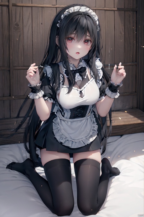  maid,noshoes, (middle breasts), MizarFeet,(black thighhighs:1.4),lace ddw,long_hair,kneeling,foot worship, black corset, lace ddw, blackpantyhose,see-throughcontrol,slender feet,phpose,profect feet,lace, white leotard, phpose, dress,maid,maid apron,maid headdress,hands behind