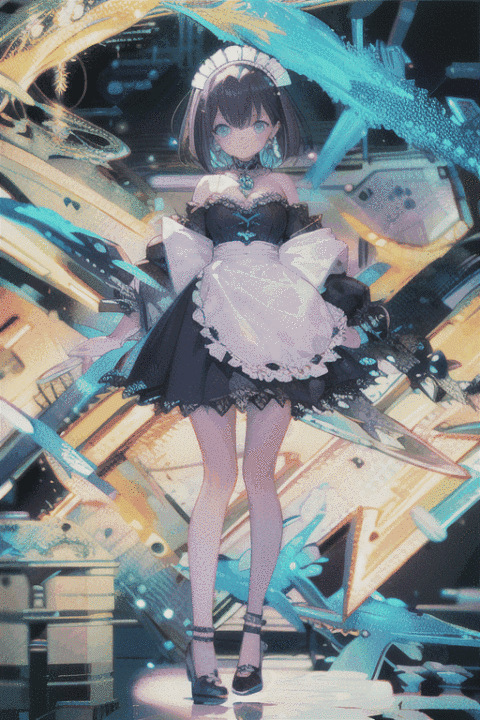  (1girl:1),(maid),Bangs,off shoulder,black hair,blue dress,blue eyes,earrings,dress,earrings,floating hair,jewelry,sleeveless,short hair,Looking at the observer,parted lips,pierced,energy,electricity,magic