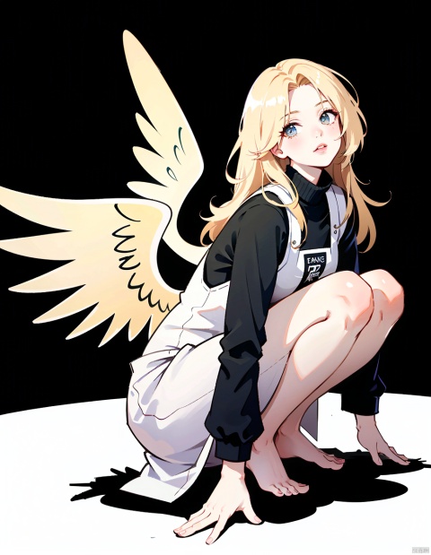  1girl,solo,long hair,barefoot,realistic,wings,squatting,blonde hair,lips,feet,indoors,((simple_background)), (wings)
