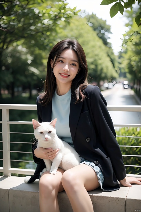  The image features a beautiful young Asian woman with long, dark hair sitting on a balcony with a cat in the background. The woman is looking into the camera with a smile on her face, her eyes sparkling with joy and contentment. Her hair is neatly styled and her makeup is natural yet enhance her features. She wears a black coat that complements her skin tone. The lighting in the image is natural and warm, casting a soft glow on the woman and the surrounding environment. The colors in the image are vibrant and rich, with the blue sky and green trees in the background providing a beautiful contrast to the woman and the cat. The style of the image is casual yet elegant, with the woman's outfit and the setting creating a relaxed and comfortable atmosphere. The quality of the image is excellent, with sharp details and smooth transitions between colors and tones. The woman's action in the image is sitting and smiling, with her hands resting on the railing. Her posture and facial expression convey a sense of happiness and contentment, as if she is enjoying a peaceful and pleasant moment. The woman's expression and the overall atmosphere of the image suggest a sense of relaxation and enjoyment. She seems to be in a good mood, perhaps enjoying a leisurely day or spending time with her cat. The image captures a moment of tranquility and happiness, making it a beautiful and memorable scene.,Film Photography,long leg，shoes