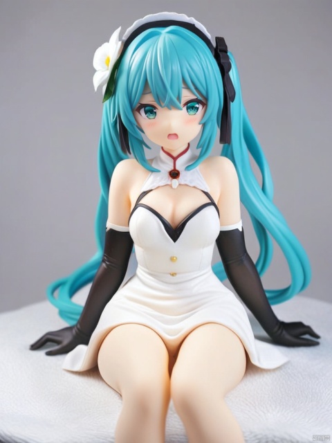  figure,masterpiece,best quality,1girl,(hatsune miku:1.3),solo,looking at viewer,white background,hair flower,black gloves,dress,alternate costume,blush,sitting,detached sleeves,simple background,bare shoulders,open mouth,white flower,