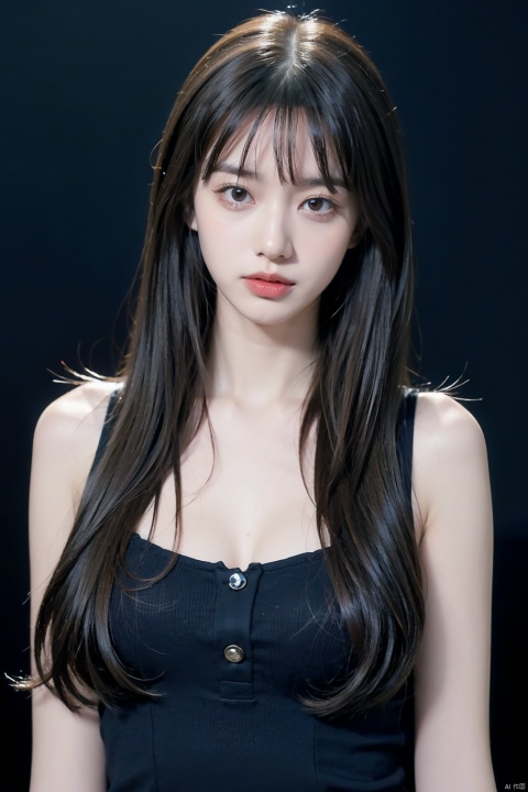  1girl,solo,black hair,long hair,jewelry,bangs,looking at viewer,blunt bangs,grey eyes,upper body,lips,straight hair,closed mouth,black background,red lips,beads,moyou, 