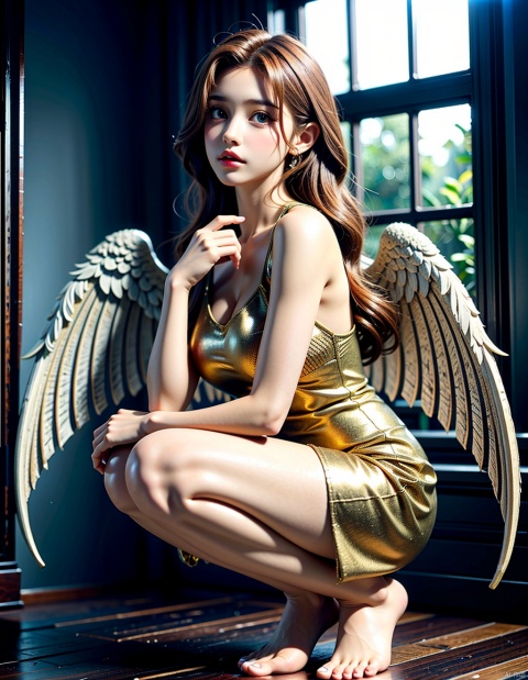  1girl,solo,long hair,barefoot,realistic,wings,squatting,blonde hair,lips,dress,feet, ((poakl)),indoors