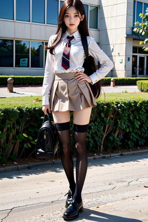  1girl,(1girl named aki:1.1), school uniform, thighhighs, solo, standing, xtt,full body