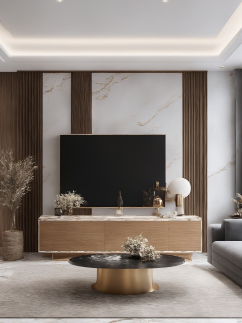 XCYP HOME,Brown sofa,coffee table,matte marble floor,grey carpet,vase,wooden wall cabinet,mural,single sofa,dining table,tableware,decorations,sunlight,floor-to-ceiling Windows,Light luxury and simple style,strong sense of reality,rich detail,masterpiece,ultra clear quality,qingshe,