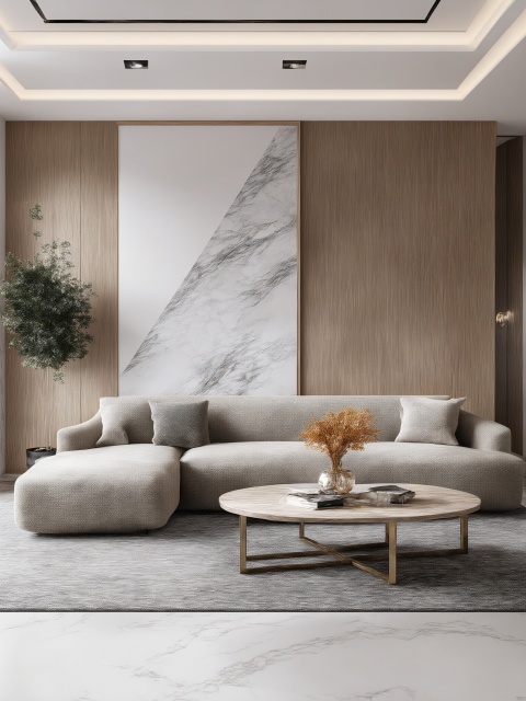 XCYP HOME,Brown sofa,coffee table,matte marble floor,grey carpet,vase,wooden wall cabinet,mural,single sofa,dining table,tableware,decorations,sunlight,floor-to-ceiling Windows,Light luxury and simple style,strong sense of reality,rich detail,masterpiece,ultra clear quality,qingshe,