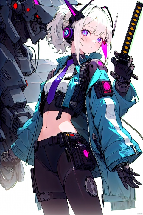 (flat color),(colorful),(masterpiece:1.2), best quality, masterpiece, looking at viewer, white background,
1girl, white hair, slightly curly hair, expressionless, ponytail, side braid,
mecha bodysuit, mecha museum, mechanical parts,robot joints, headgear, earphone, cyberpunk, neon_trim, glowing neon lights, blue, purple,
open jacket,black sheer pantyhose, visible through (sheer crop top), shirt,
garter,necktie, navel, gloves,Hand katana,
techwear jacket, with buckle and tape, black gloves, tactical vest,,, cyberhelmet,cyborg,(helmet)