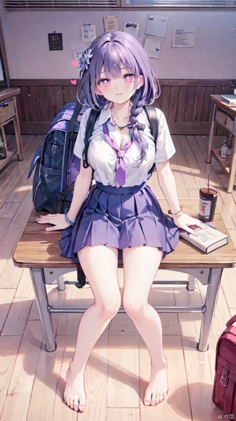  Masterpiece,best quality,1 girl,pink eyes,pointy ears,school uniform,(large chest),short ear hair,alternative clothing,lavender skirt,fringe,looking at the audience,blush,bag,symbolic pupils,short purple hair,bracelet,shirt,fringe,contemporary,braid,pleated skirt,lavender skirt,white shirt,dark purple tie,collared shirt,(in the classroom),(Full length),(sitting on a table),(Lift legs, spread legs, ),(pubic area with love tattoos, lavender pubic hair),(bare feet, delicate bare feet),raiden shogun,the book between the legs,holding a backpack,