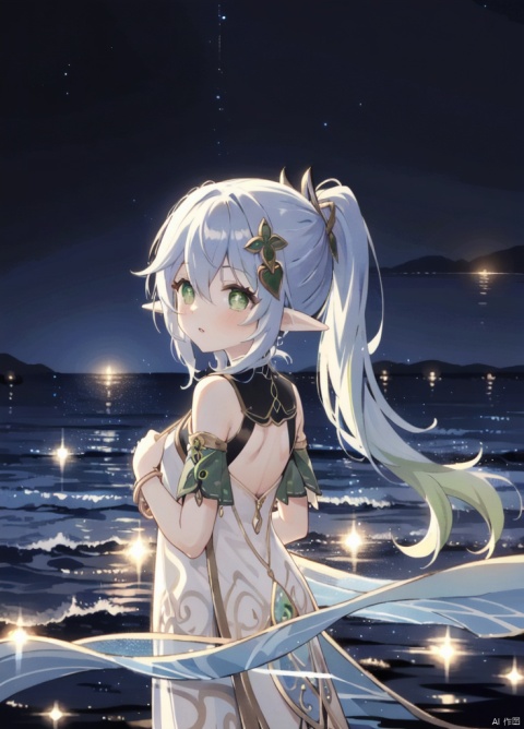  1girl, solo, long hair, looking at viewer, blush, bangs, hair ornament, hair between eyes, bare shoulders, jewelry, very long hair, green eyes, upper body, ponytail, flower, white hair, sidelocks, multicolored hair, parted lips, green hair, pointy ears, looking back, hair flower, off shoulder, from behind, petals, gradient hair, back, hand on own chest, elf, armlet, bare back, shoulder blades, leaf hair ornament, colored tips, back focus, nahida \(genshin impact\)